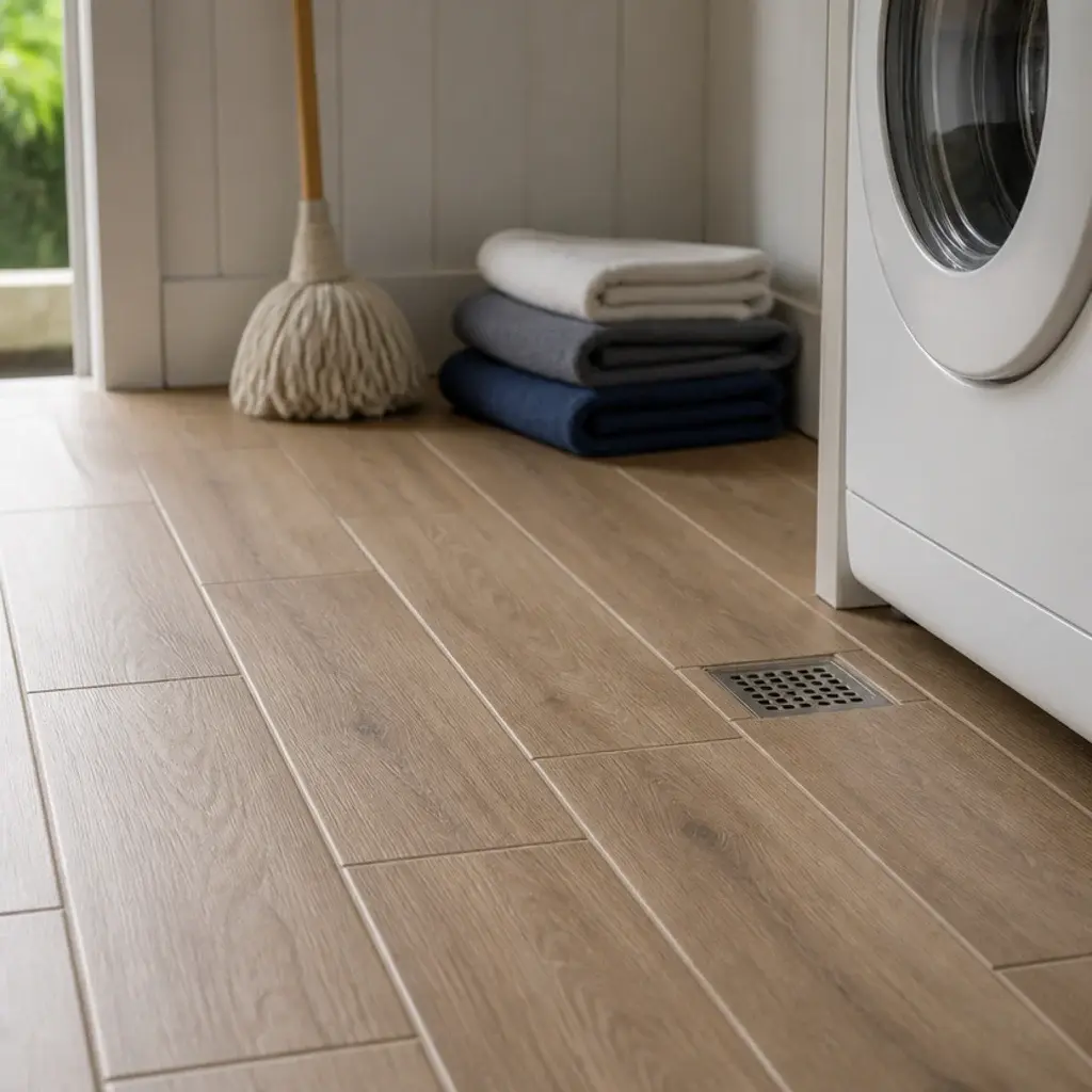 utility floor of plank tiles sloping gently toward a small floor drain