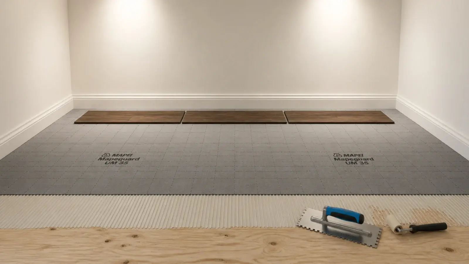 anti fracture matting bedded over plywood before wood effect tiling