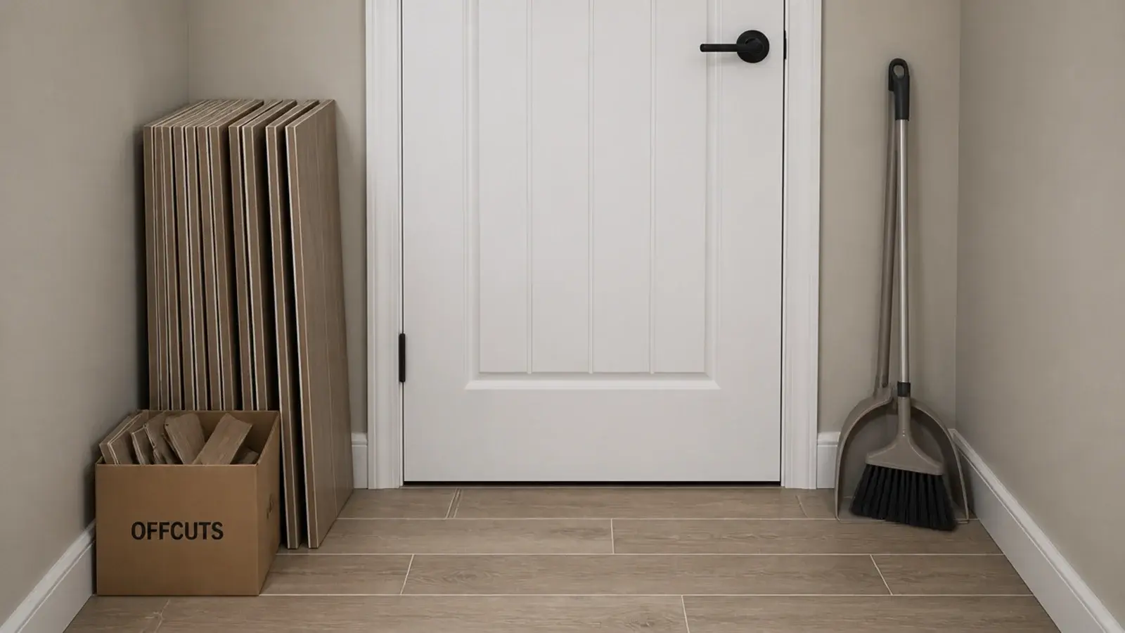 spare wood effect tiles stored upright behind a utility room door