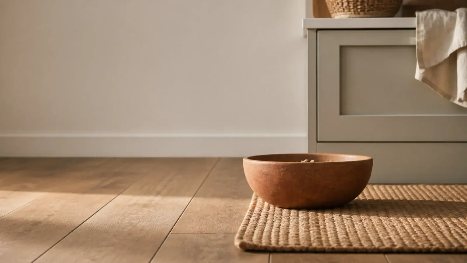 tall view of budget wooden tiles flooring meeting a pale kitchen cabinet