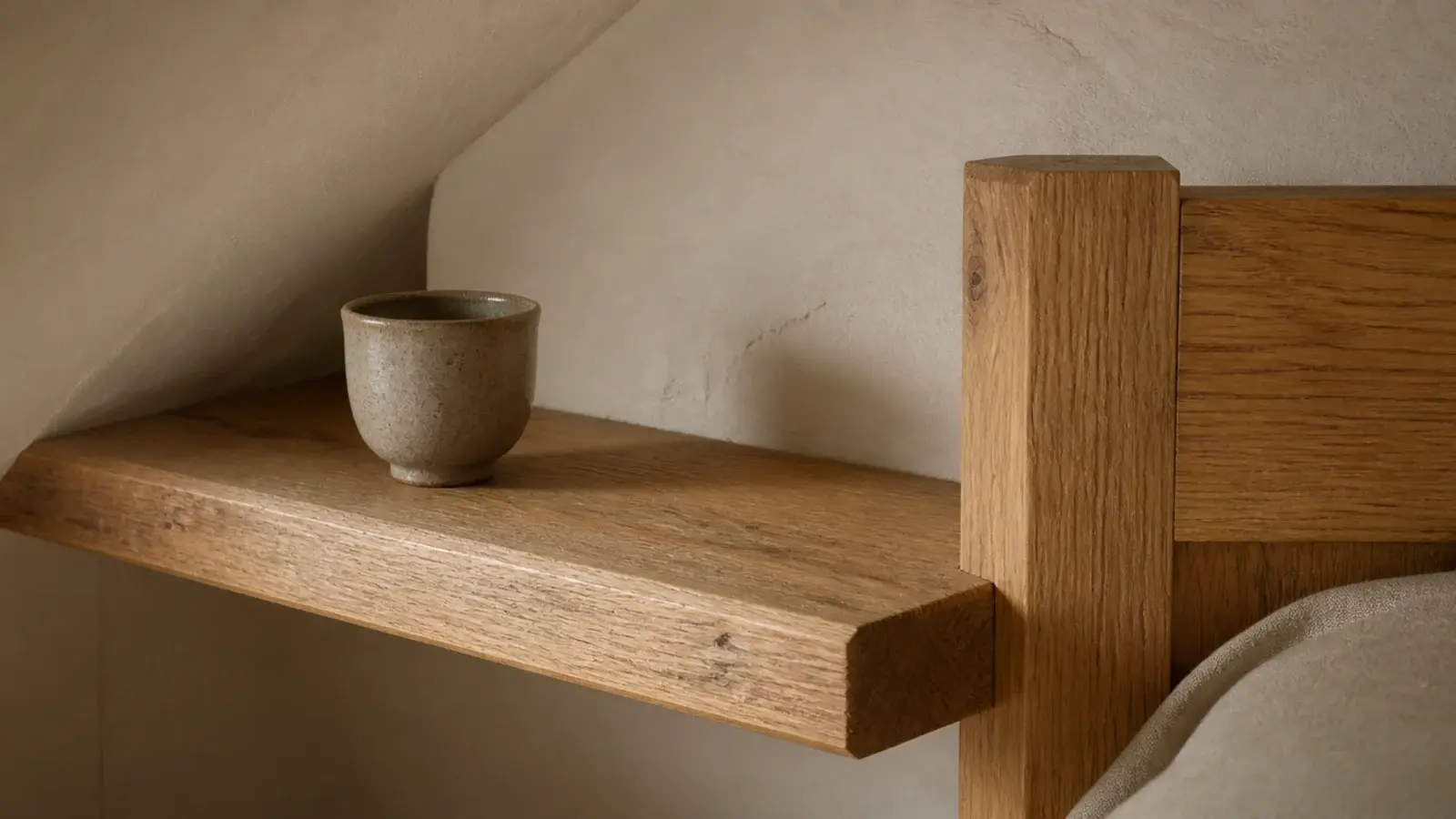 raw waxed oak ledge and bed frame against pale attic plaster