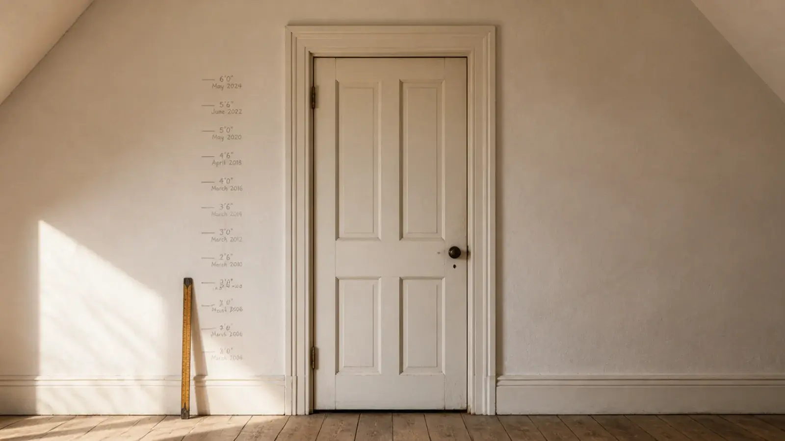 pencil marks on an attic wall recording a teenagers growing height