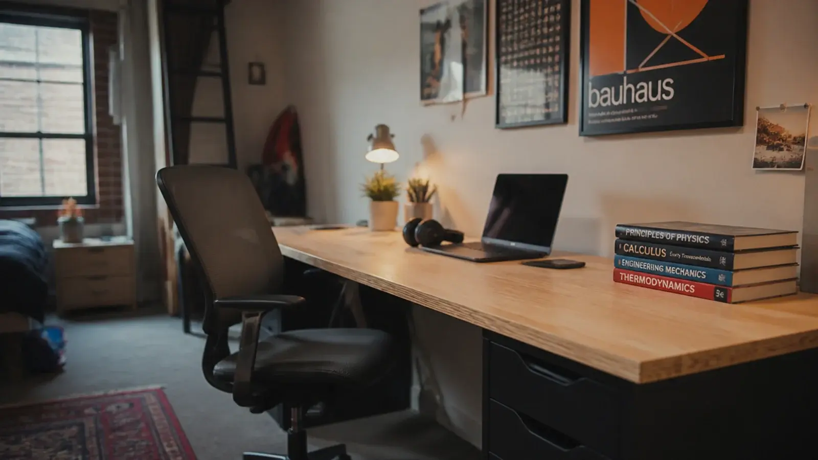 teenage study desk placed under the tallest part of a loft ceiling