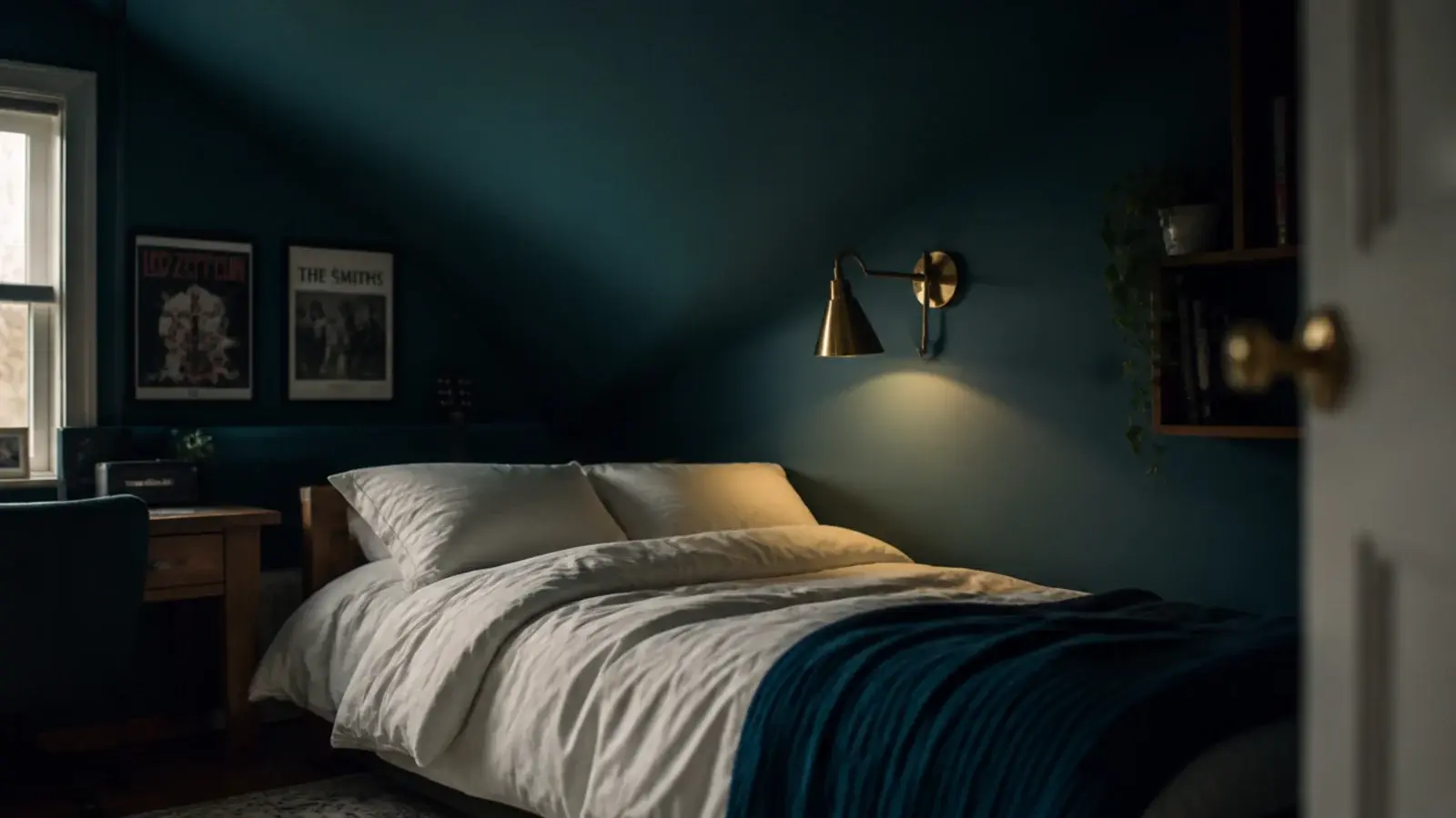 deep teal painted attic wall and slope in a teenage bedroom