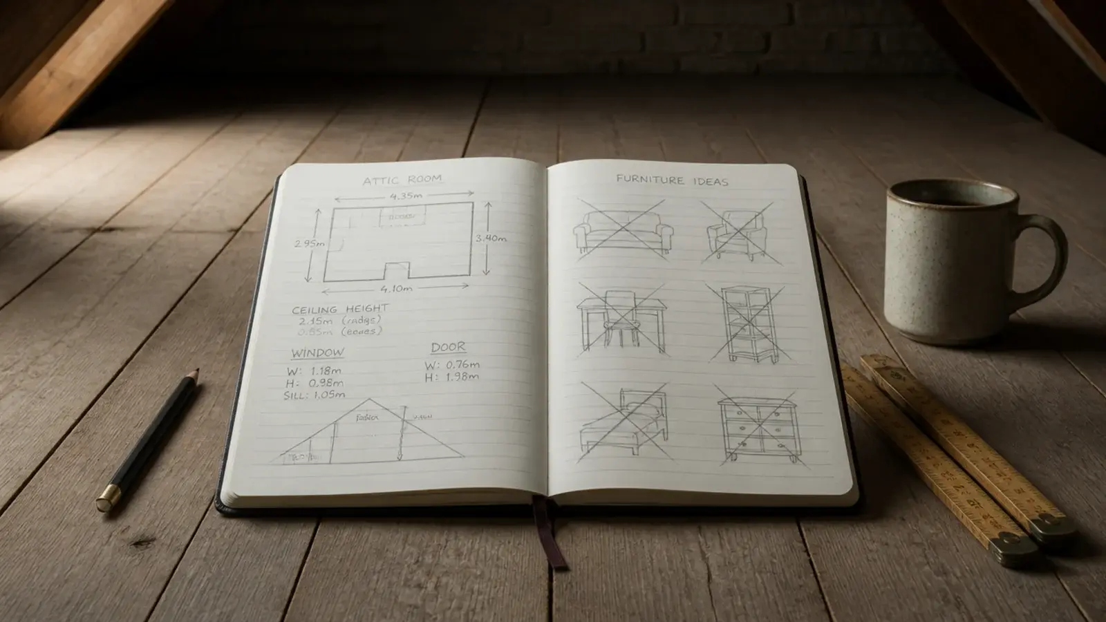 notebook of measurements and crossed out sketches on attic floorboards