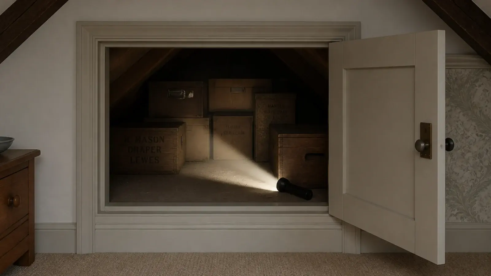 deep dark eaves cupboard with forgotten boxes pushed to the back