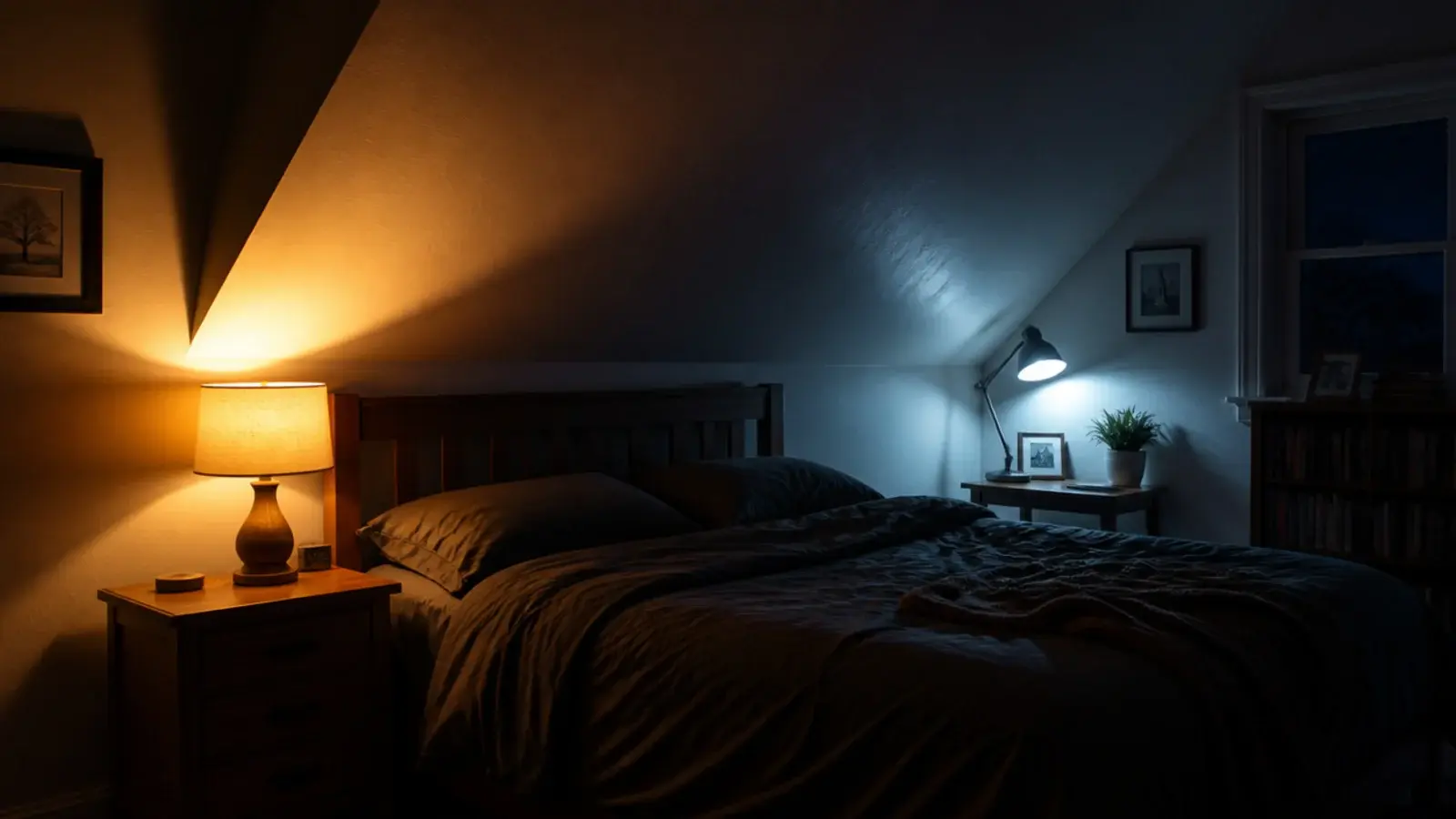 two lamps of different colour temperatures lit in one attic room