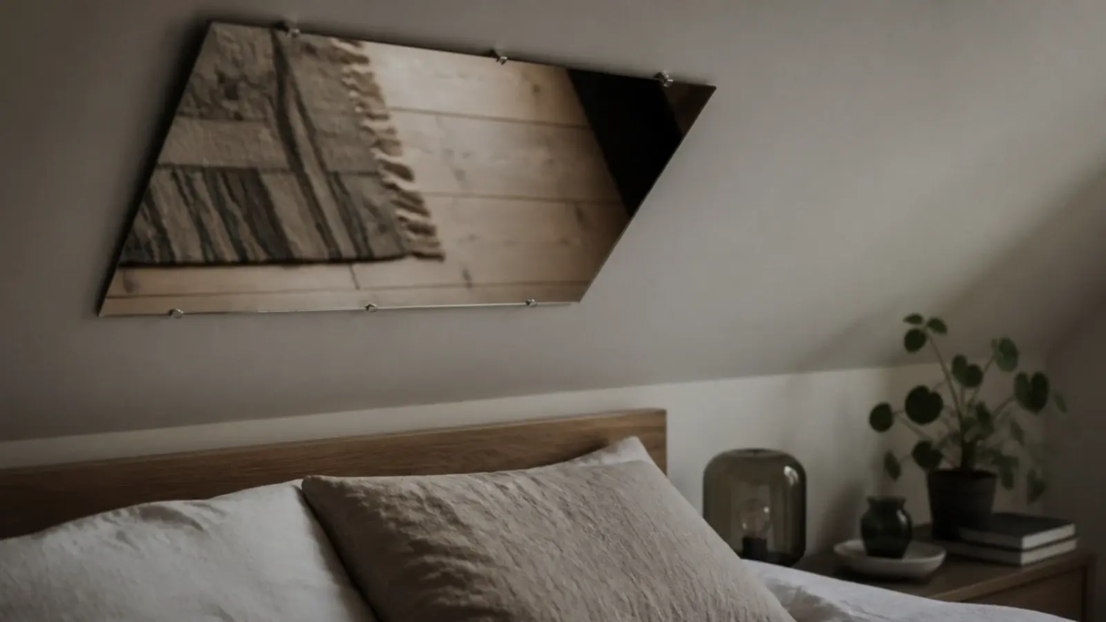 mirror mounted on a sloping attic ceiling reflecting the floor oddly