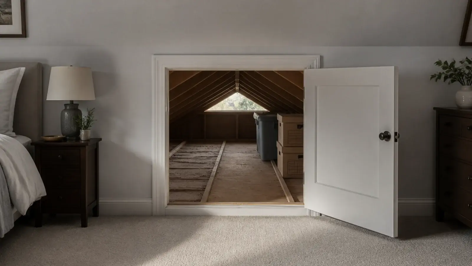 cold uninsulated void behind an attic bedroom knee wall door