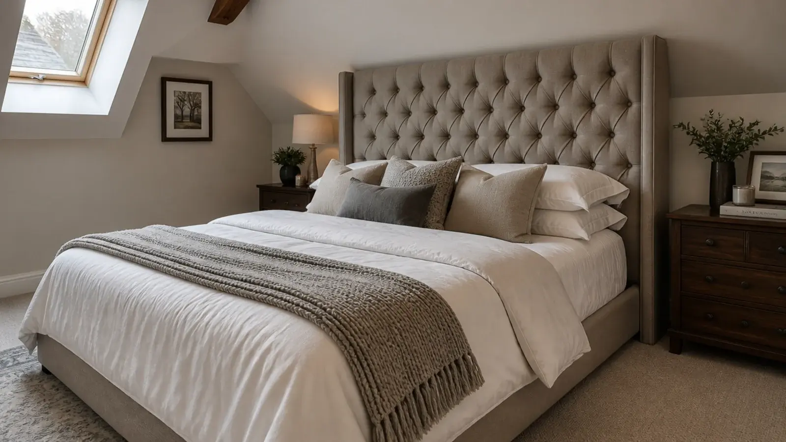 tall headboard pushing a bed out from a low attic wall