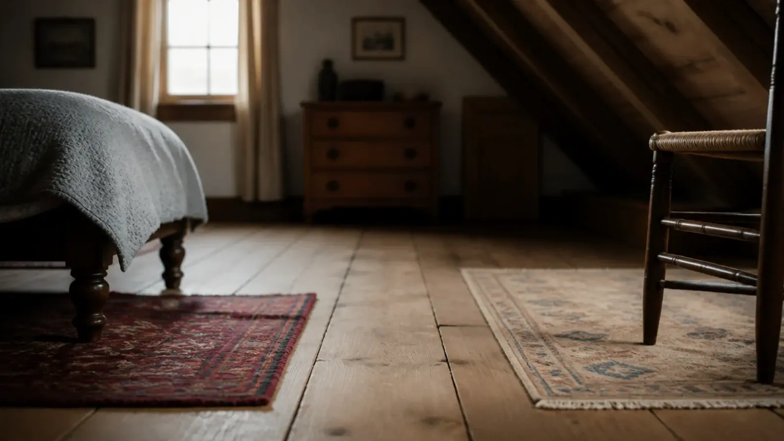 two small rugs cutting up the floor of a low attic bedroom