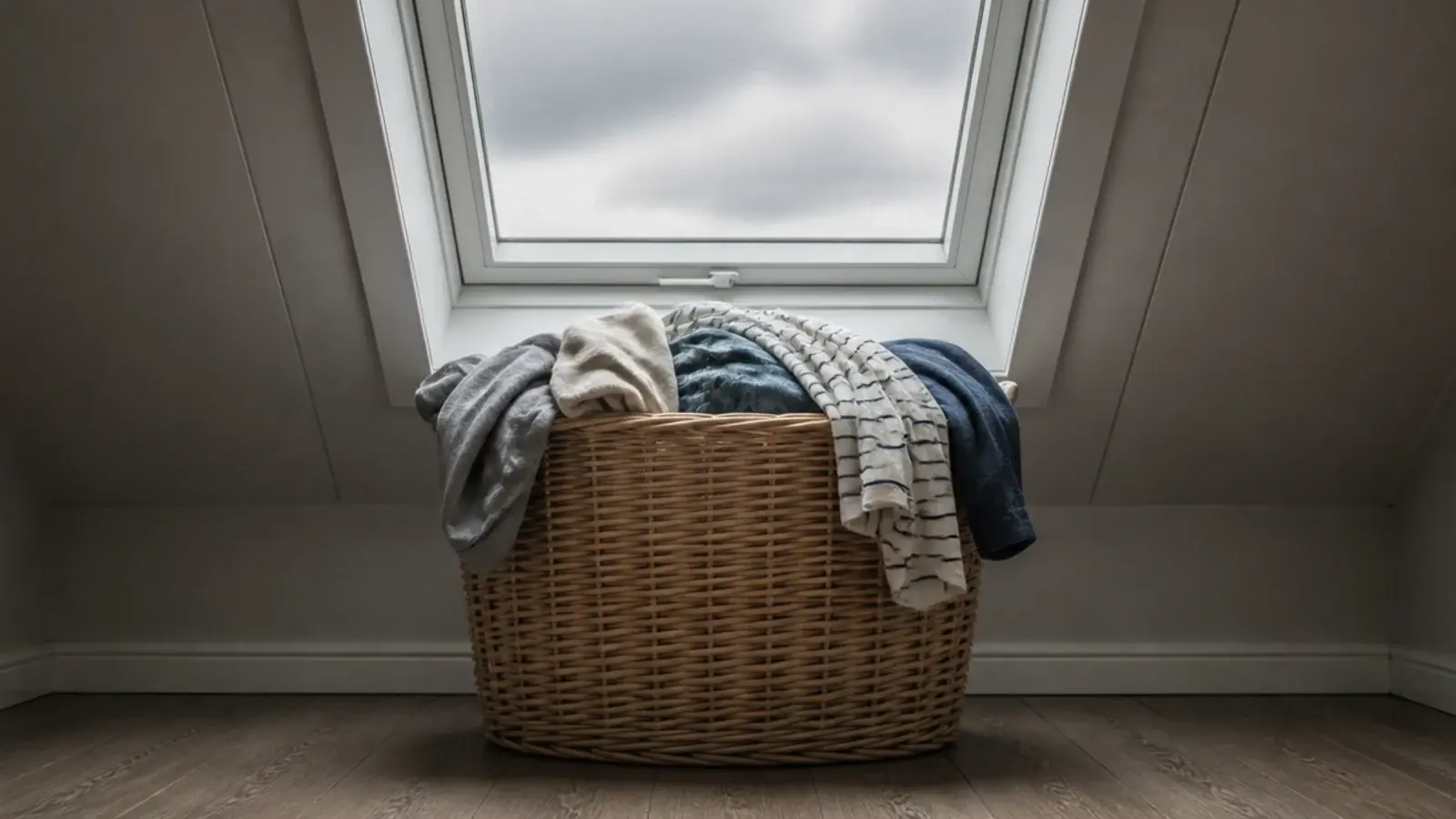 laundry basket standing directly in front of an attic escape window