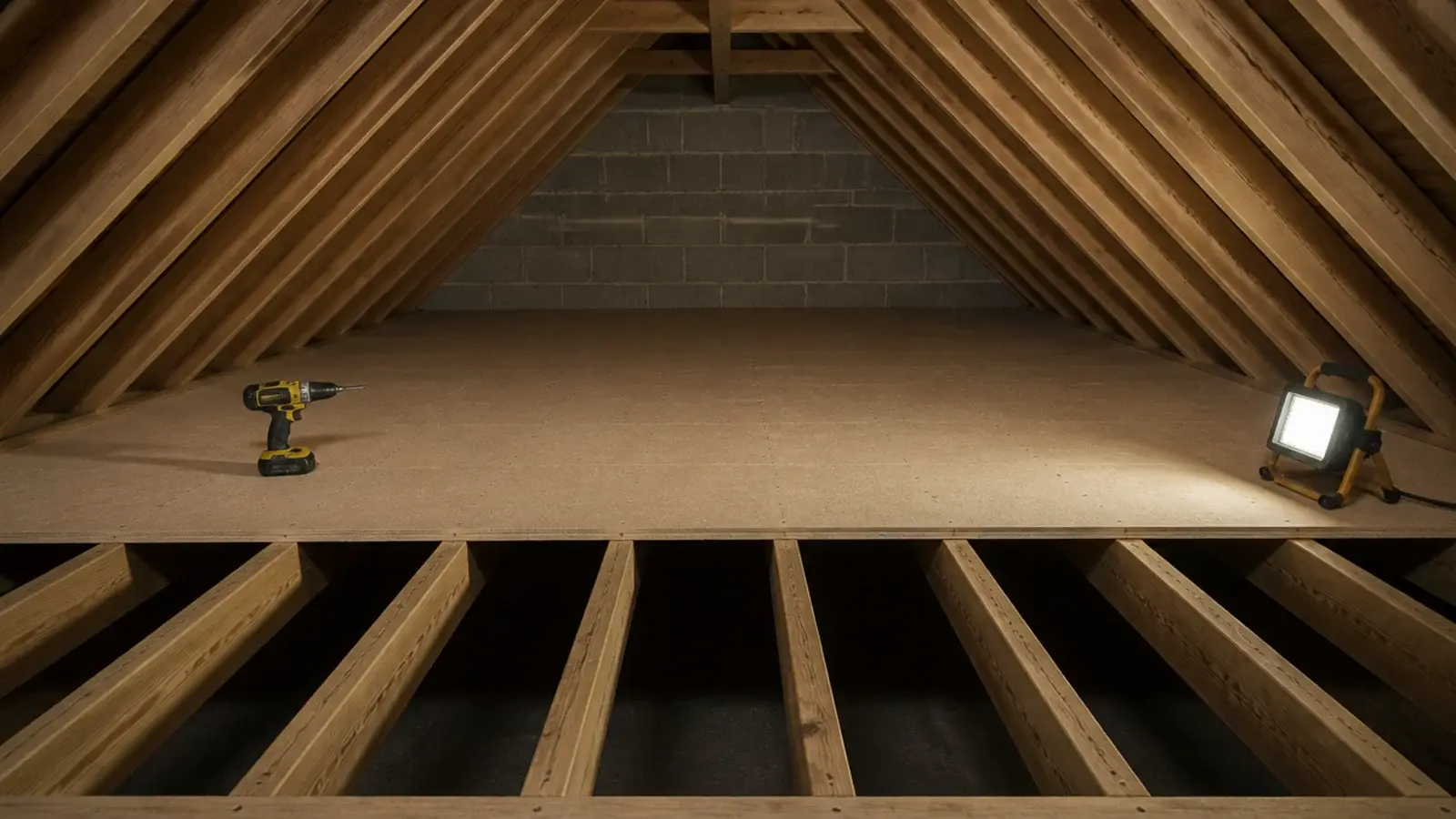 bare attic floorboards laid straight onto joists with no insulation