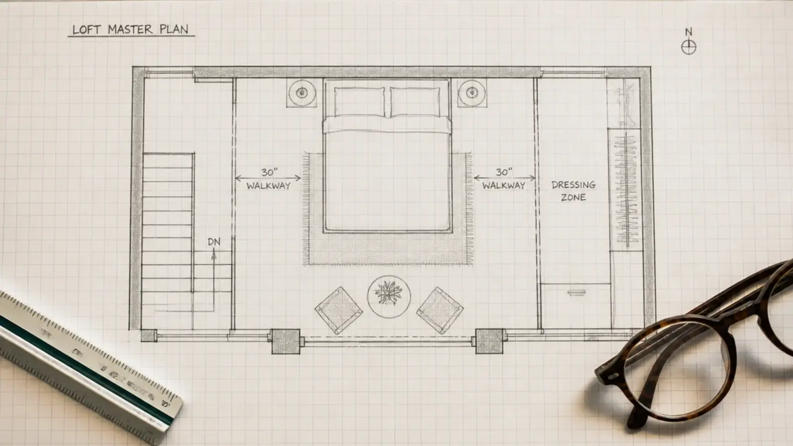 loft floor plan sketch with walkways and a dressing zone marked out