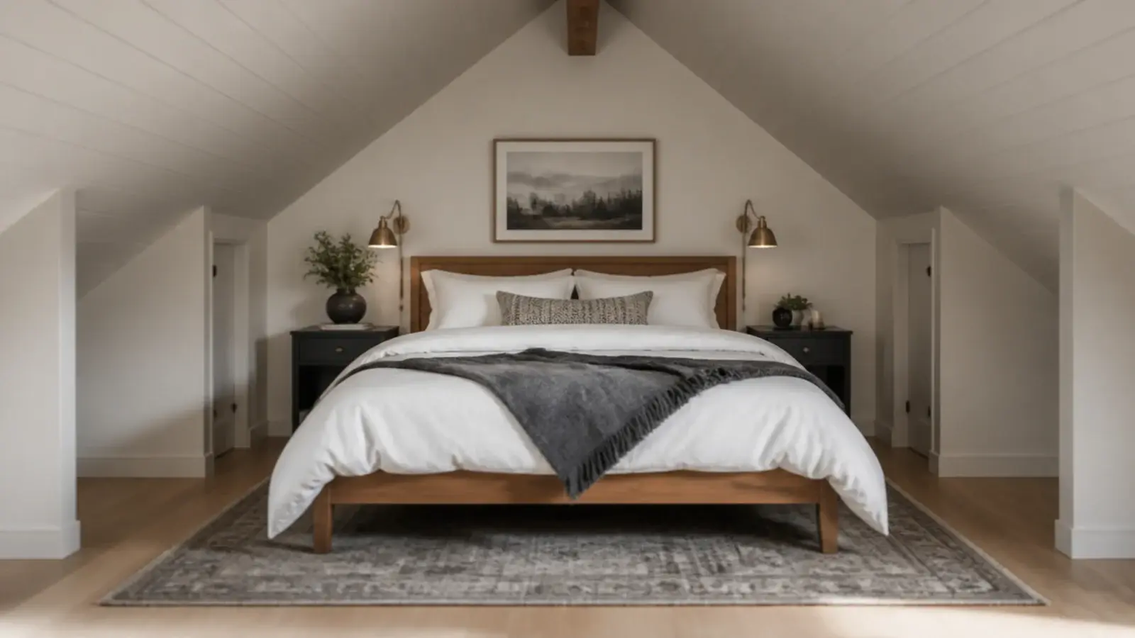 queen bed centred in a loft leaving usable floor on either side
