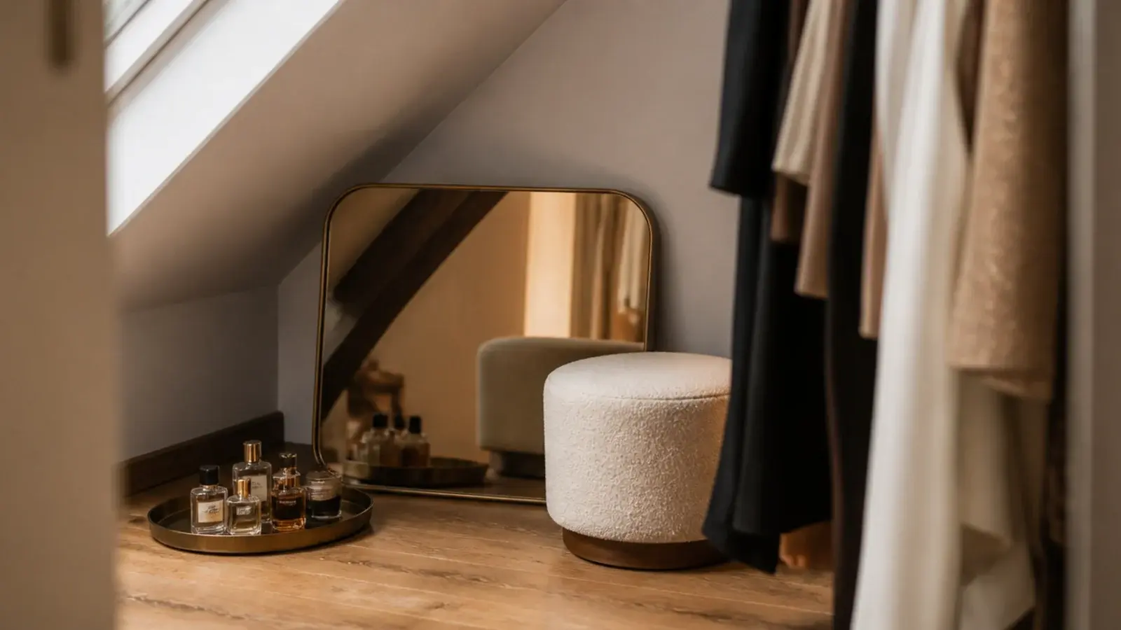 dressing area with a low mirror and stool tucked under a loft slope