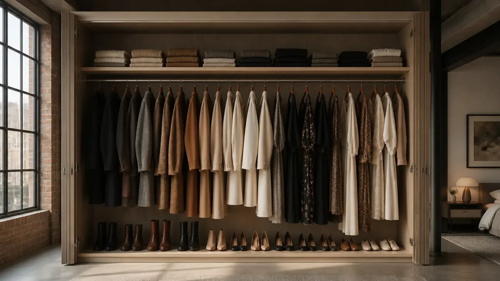 wardrobe rail set under the tallest wall of a loft master bedroom