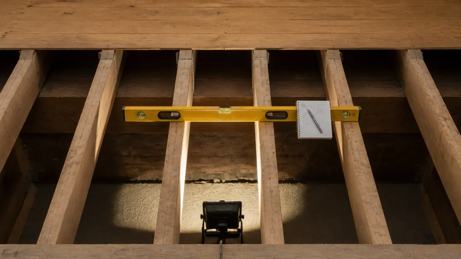 exposed loft floor joists checked with a level before bathroom work