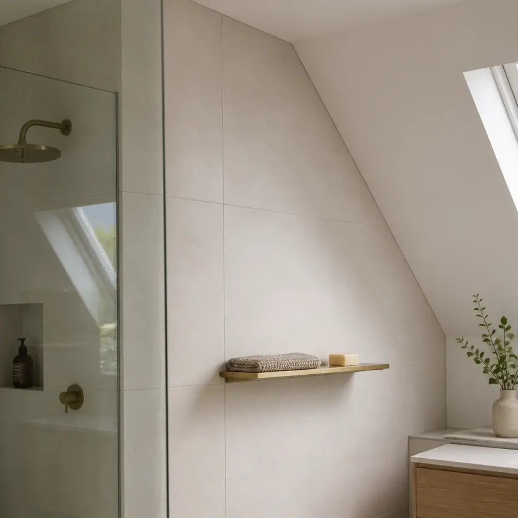 large format pale tiles running up a loft ensuite wall to the slope