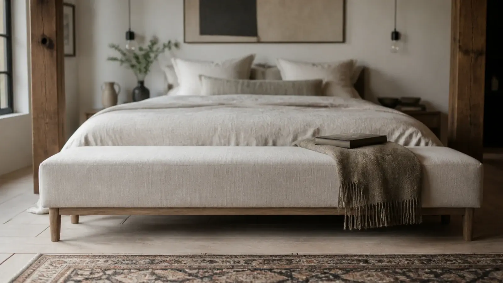 long upholstered bench standing across the foot of a loft master bed