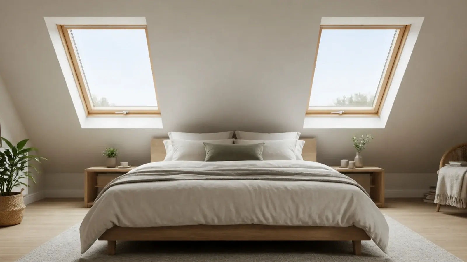 pair of matching roof windows set symmetrically into a loft slope