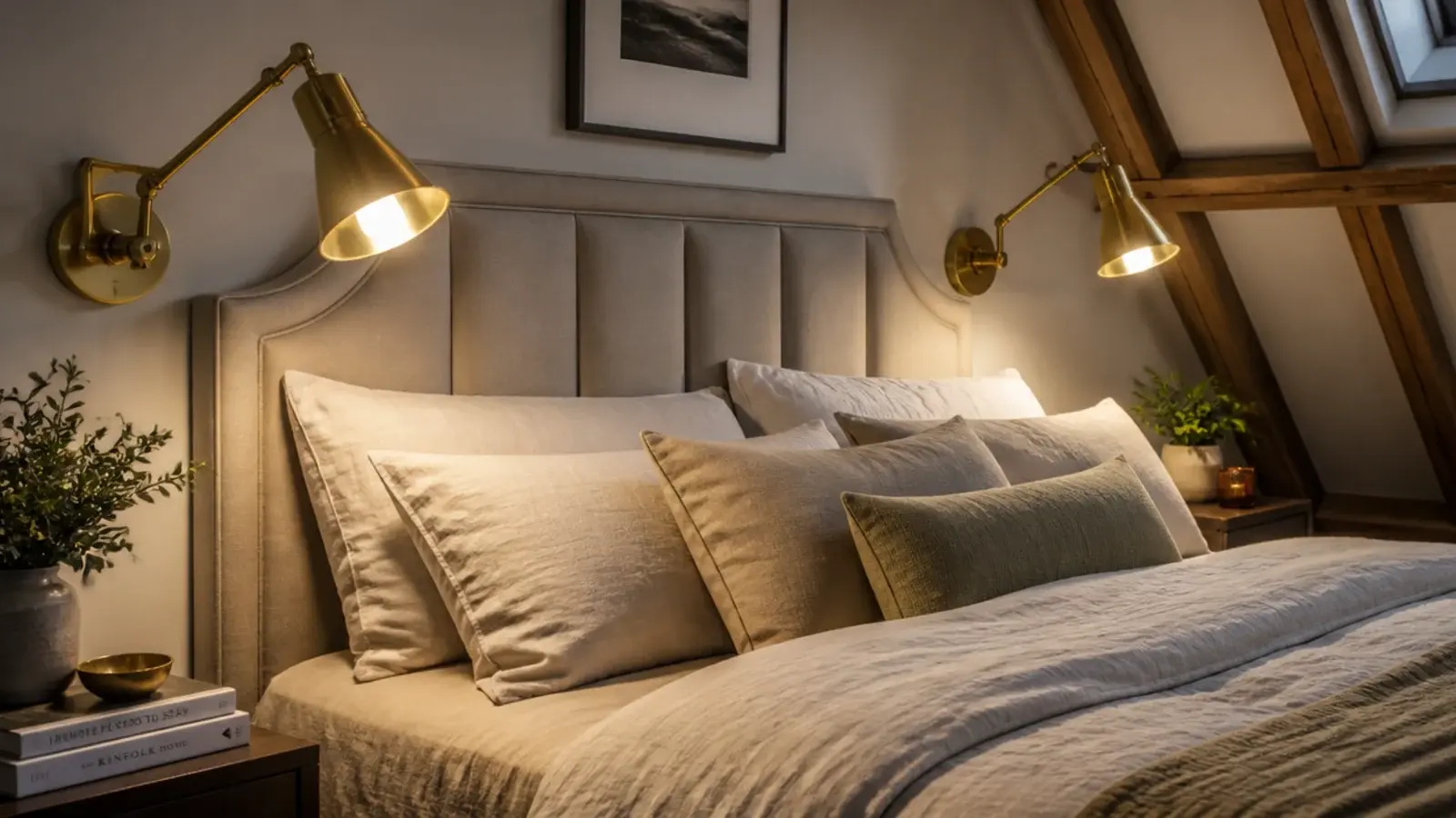 matching wall lights fixed either side of a loft master bed