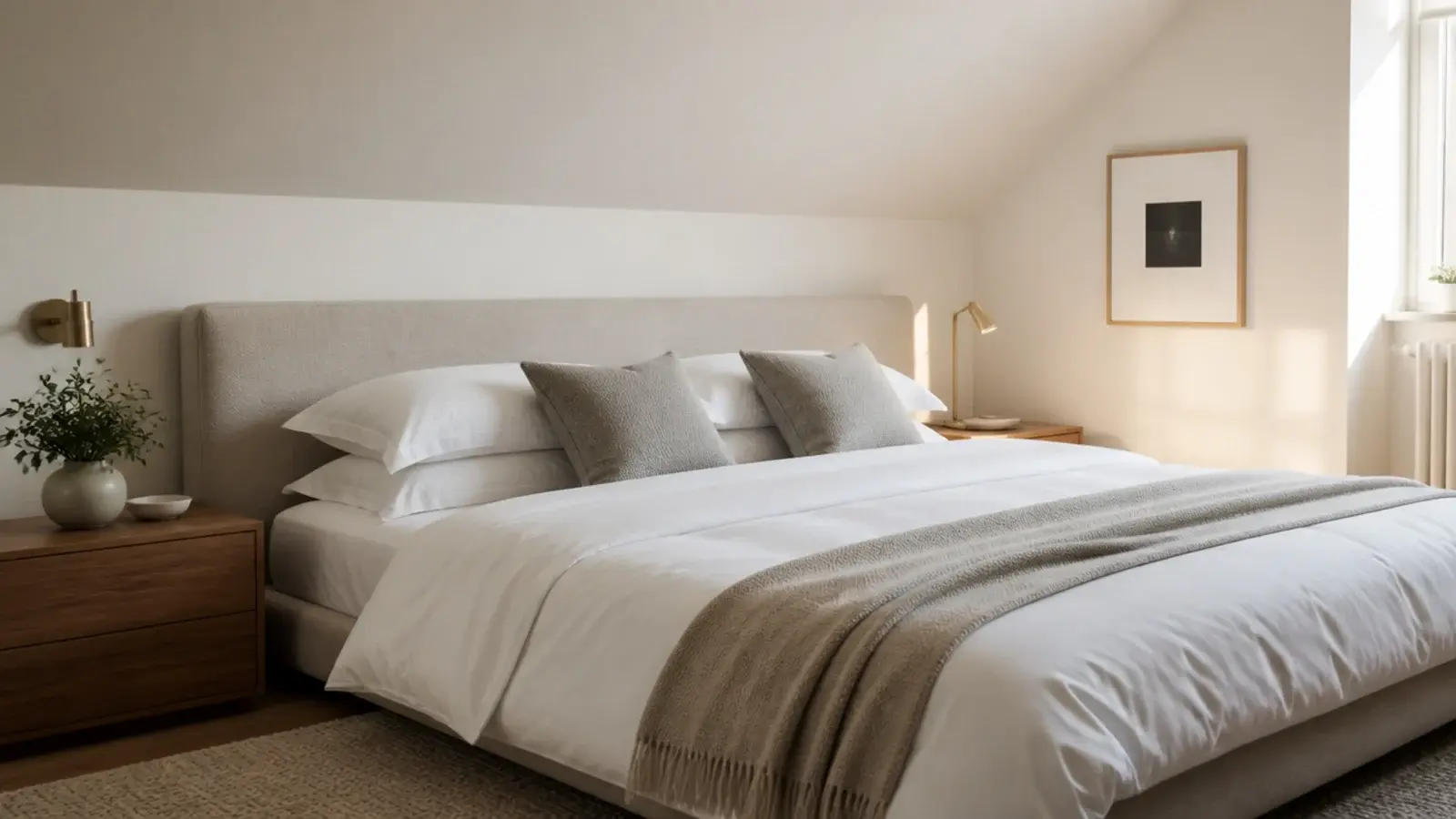 wide low upholstered headboard sitting beneath a loft ceiling slope