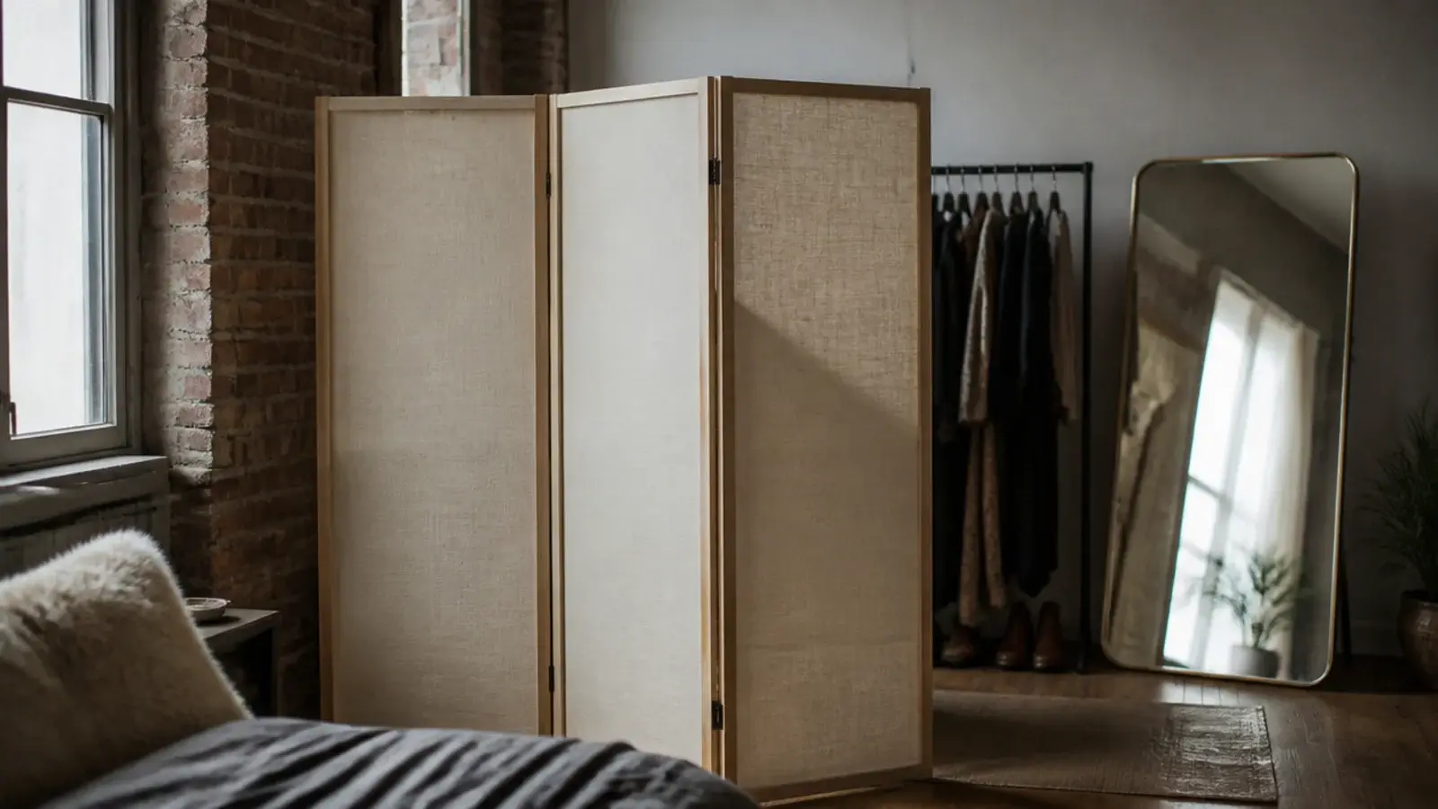 folding linen screen dividing a dressing corner in a loft bedroom