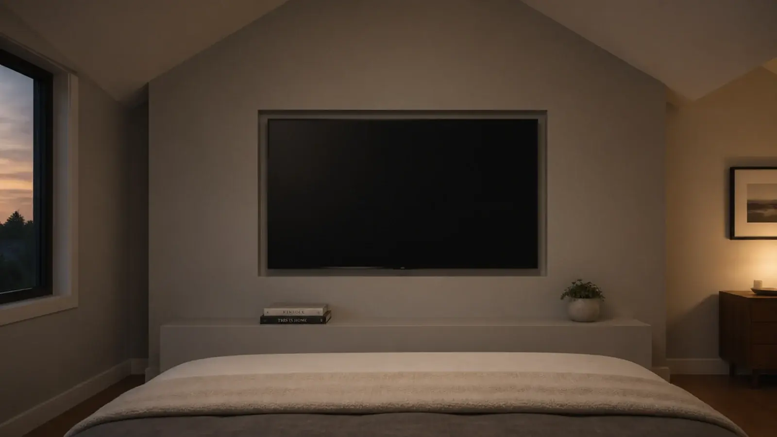 television recessed flush into a loft knee wall opposite the bed