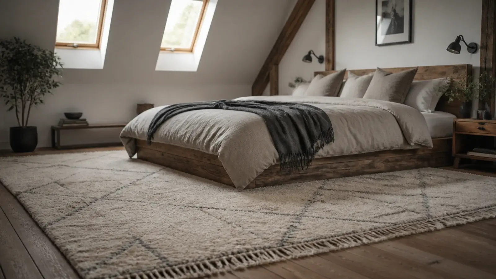 large rug extending well beyond both sides of a loft master bed