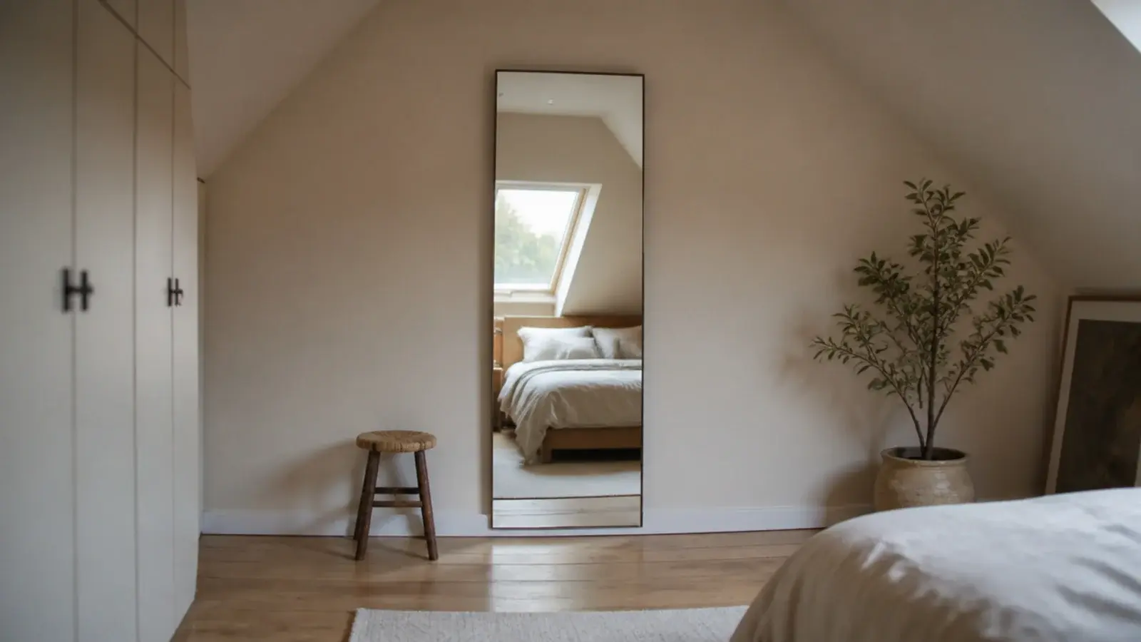full length mirror fixed to the gable wall of a loft master bedroom