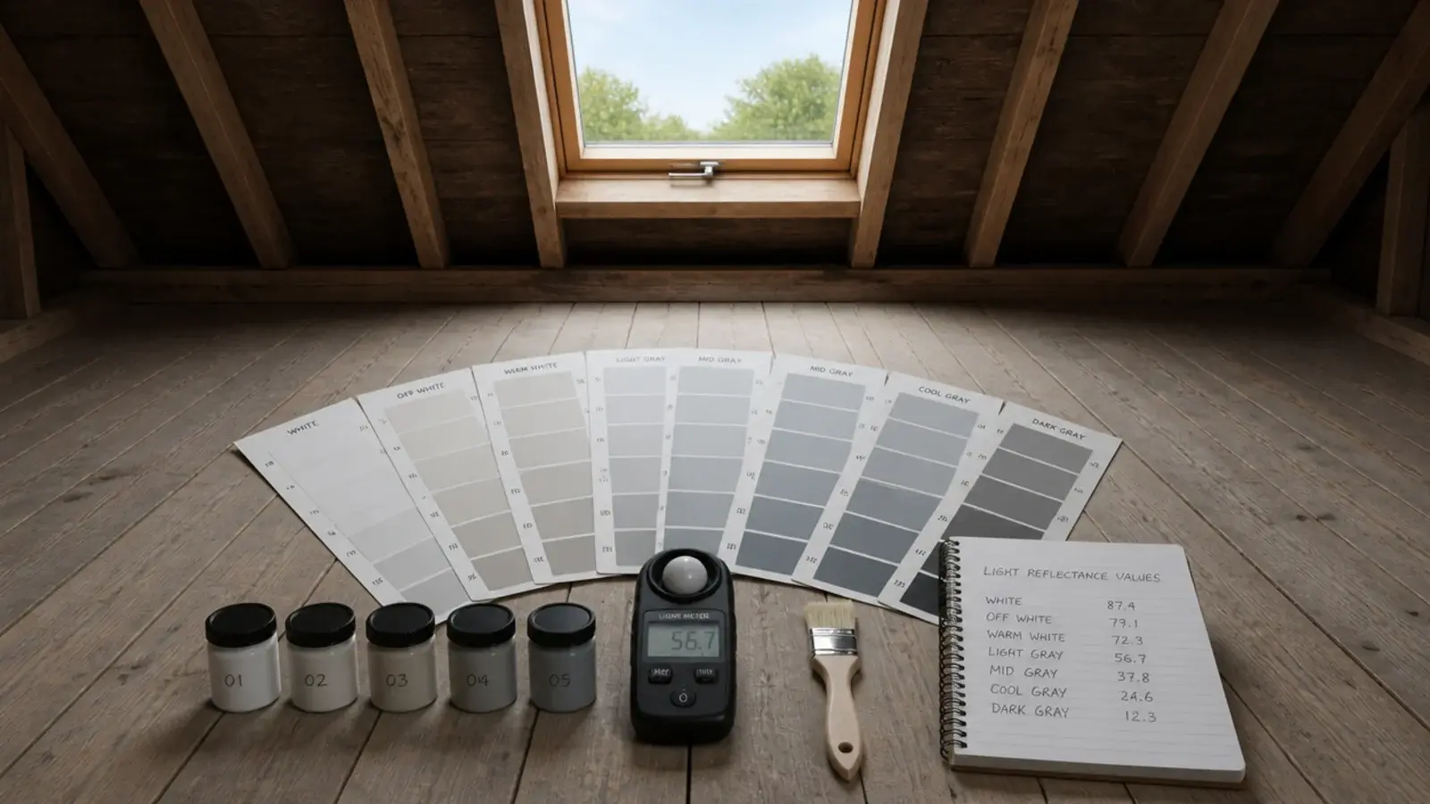 paint charts light meter and tester pots laid out on attic floorboards