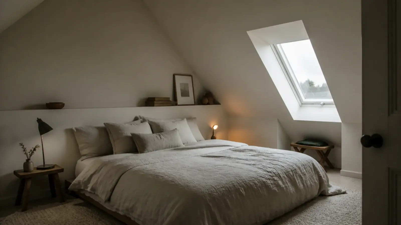 warm off white paint covering an attic wall and slope in even light