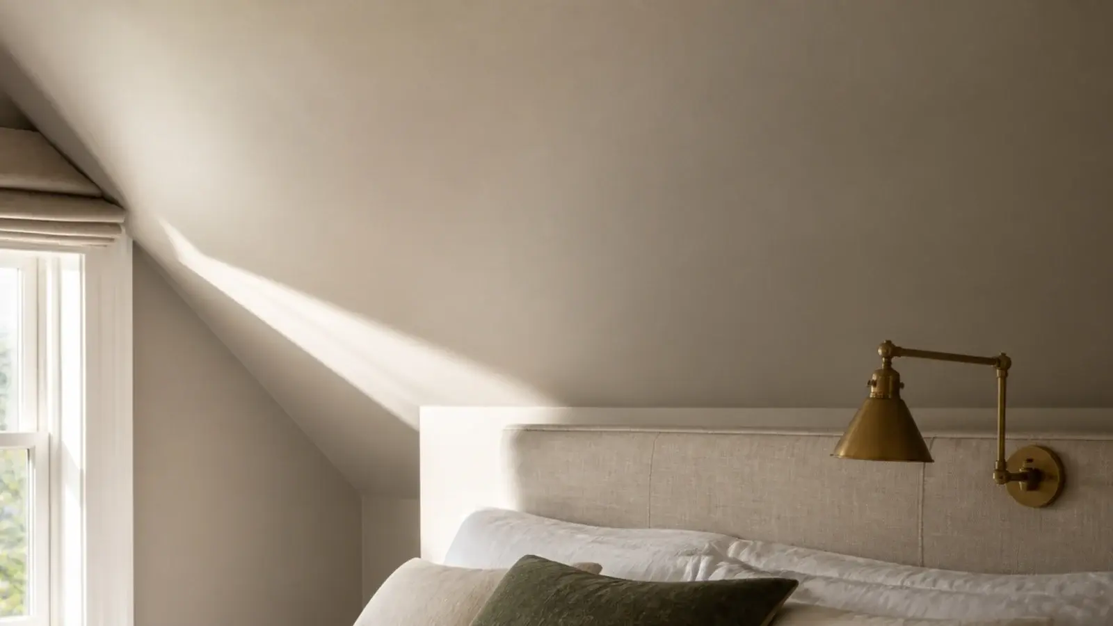 soft greige painted attic slope reading warm under strong daylight