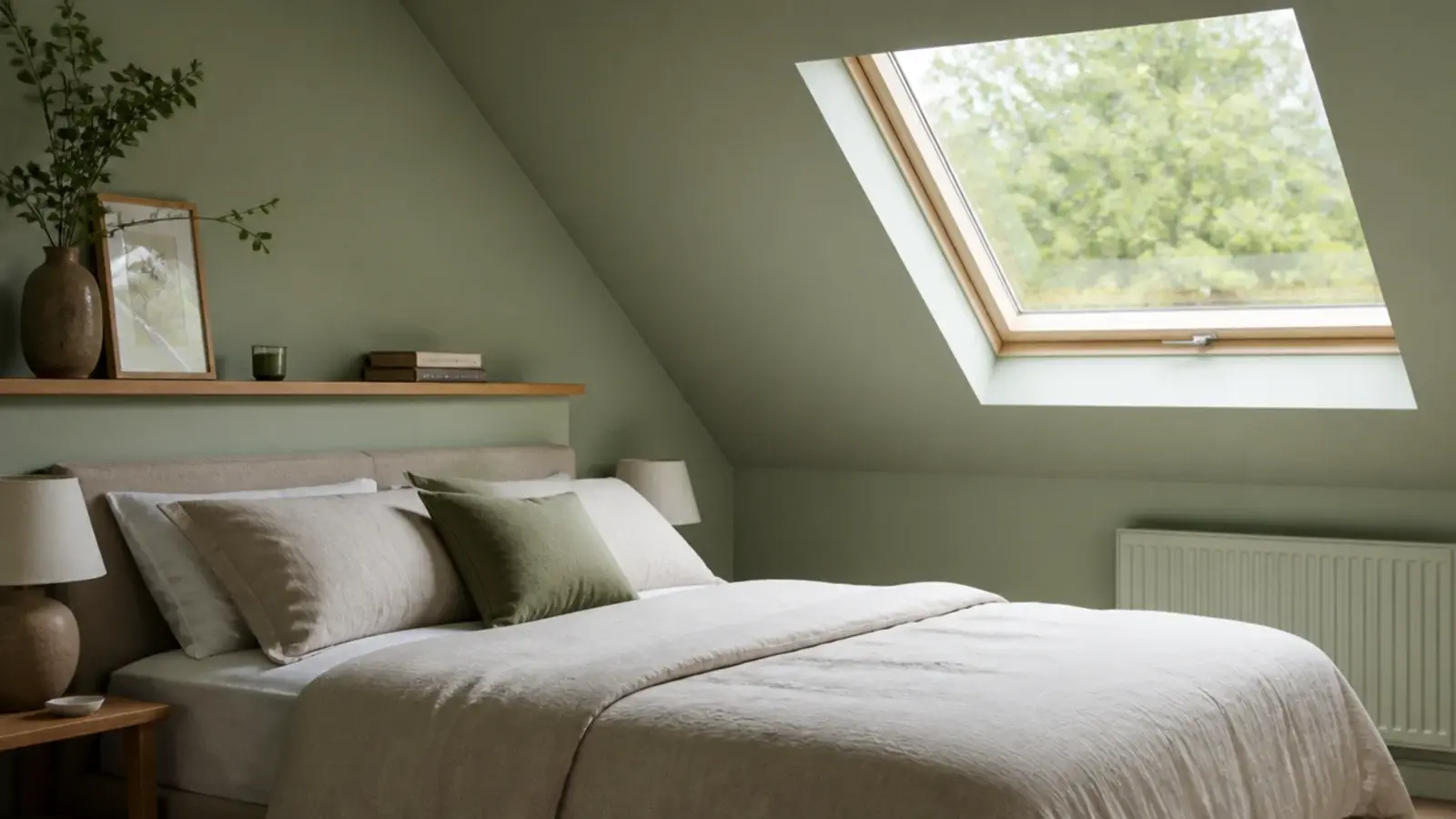 muted sage green painted across an attic wall and sloping ceiling