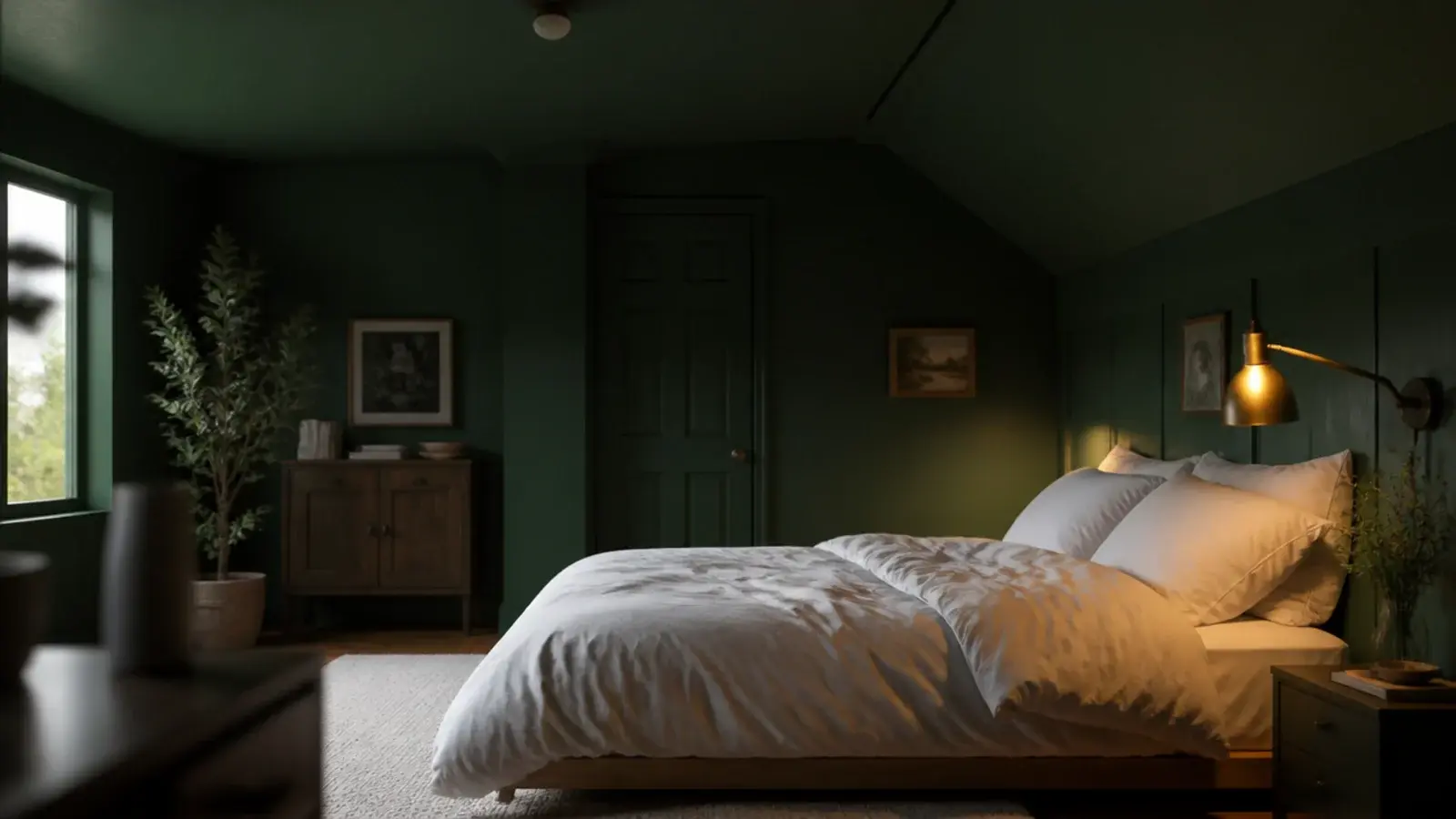 deep forest green covering every surface of a loft bedroom evenly