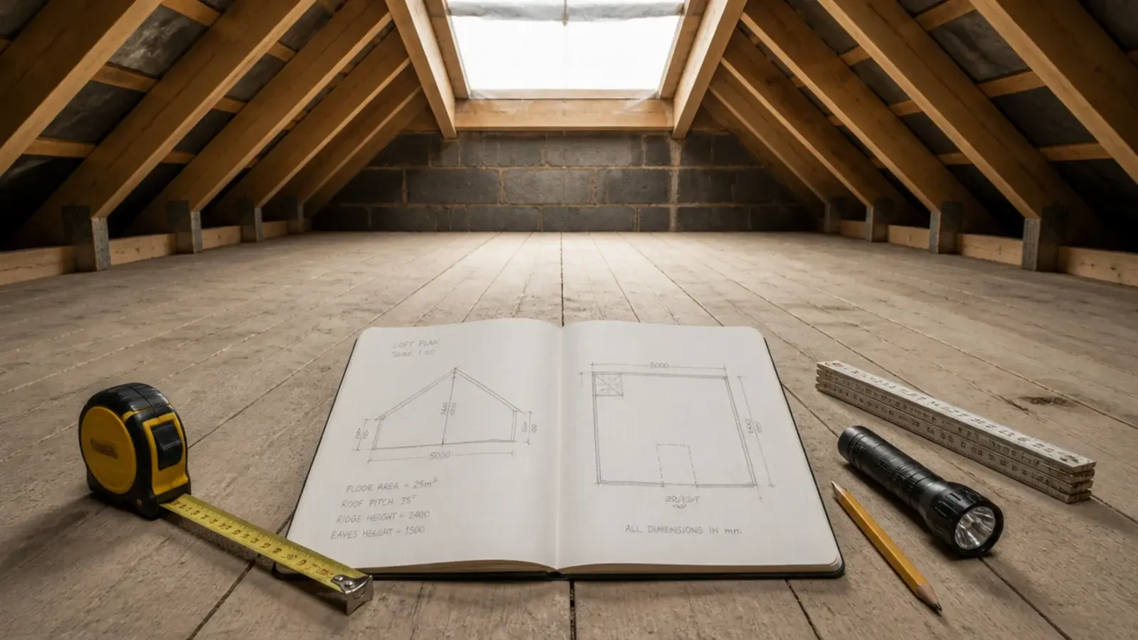 notebook and measuring tools laid out on bare loft floorboards