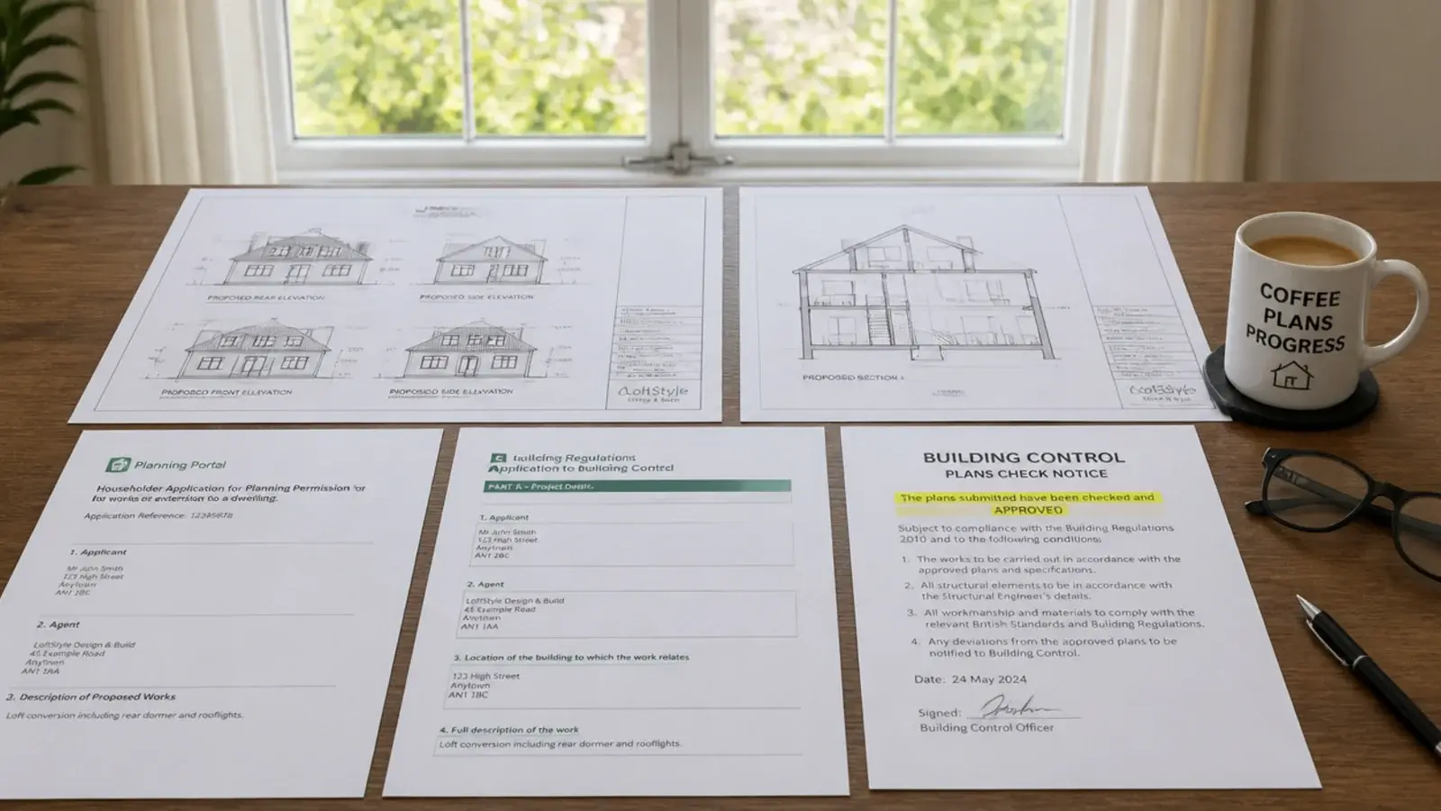 building control paperwork spread out beside loft plans on a table