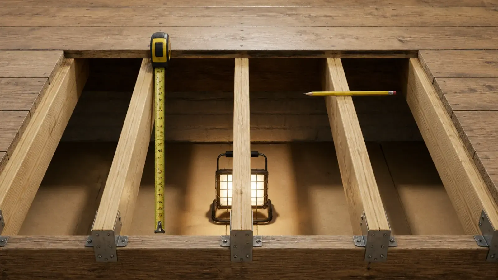 loft floor joists exposed with boards lifted for a structural check