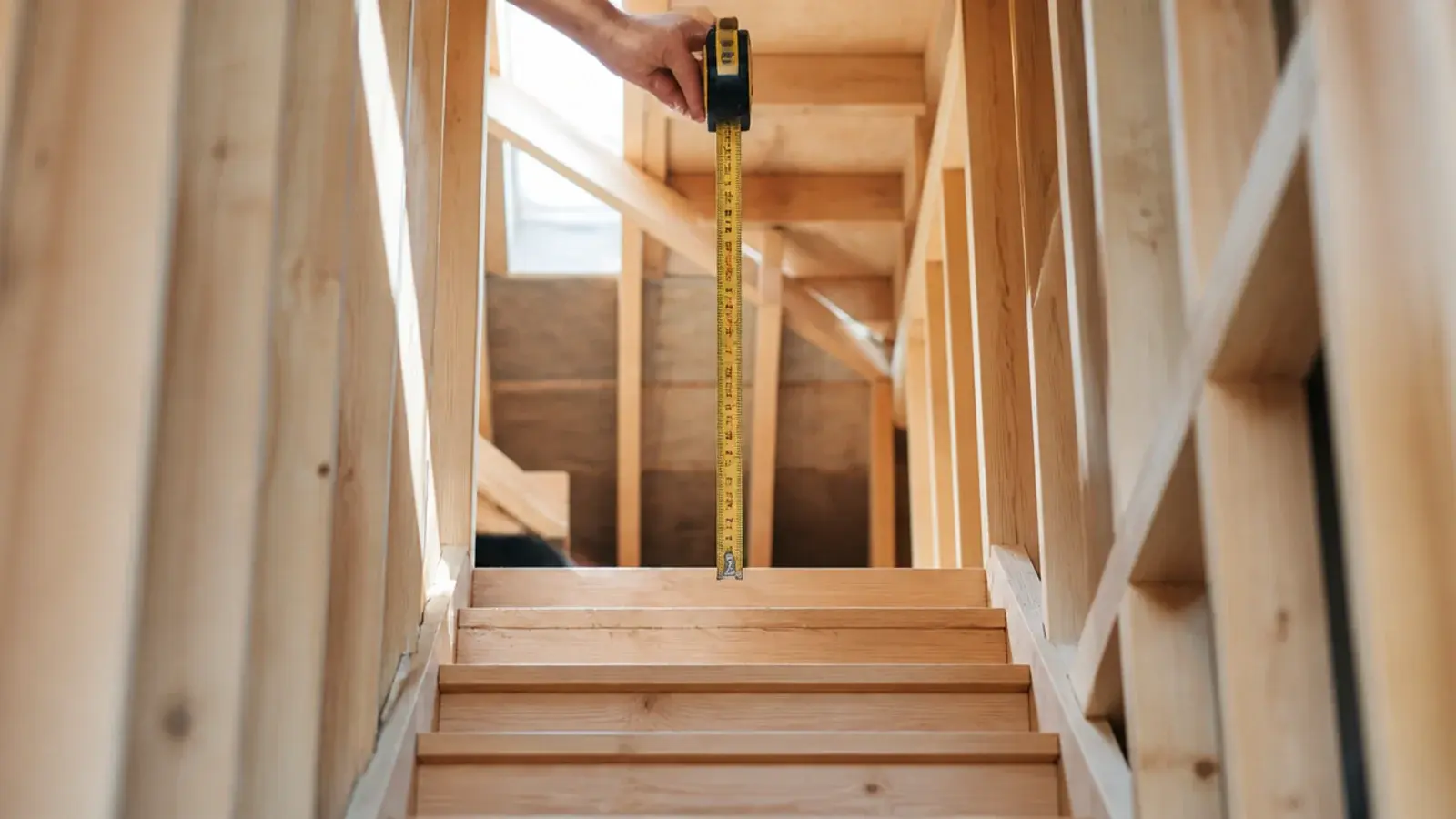 new loft staircase framed in place with headroom being measured