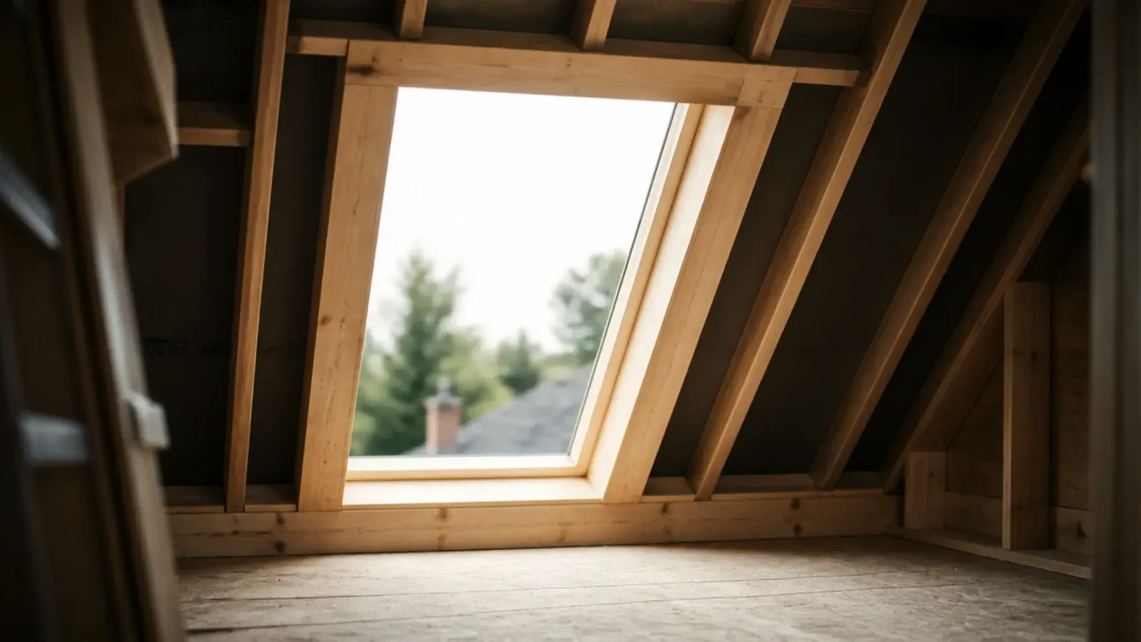 escape window opening framed into a loft slope with clear floor below