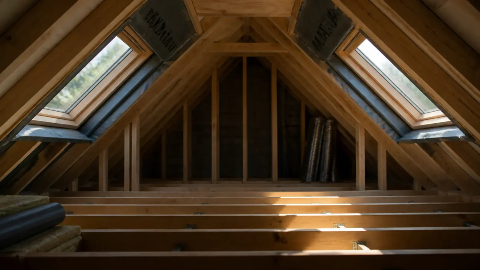 two roof window openings framed into opposite slopes of a loft