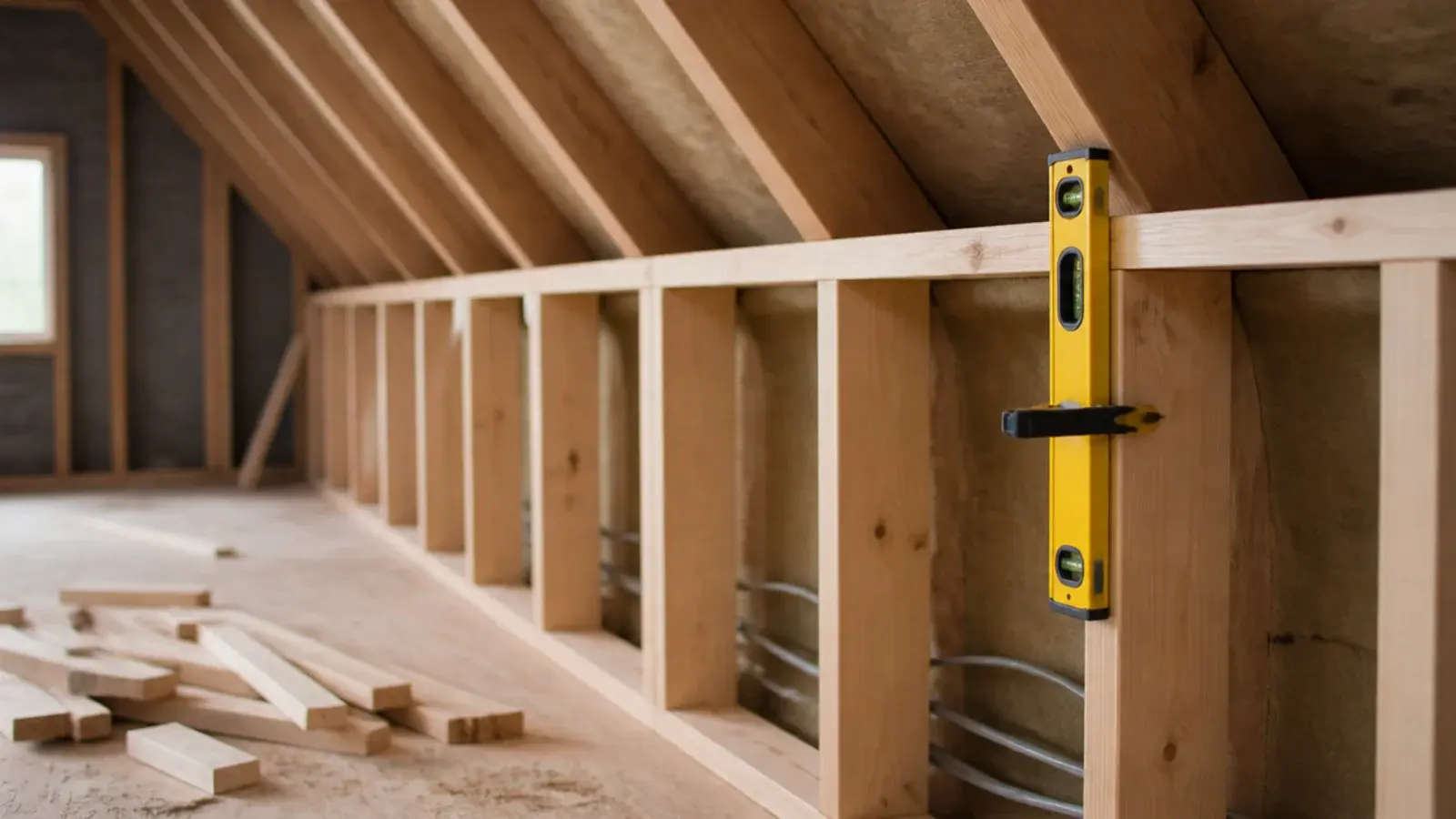 newly framed knee wall studs running along a loft eaves line