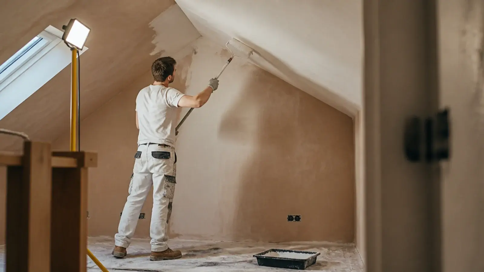 freshly plastered loft slope being rolled in a single pale colour