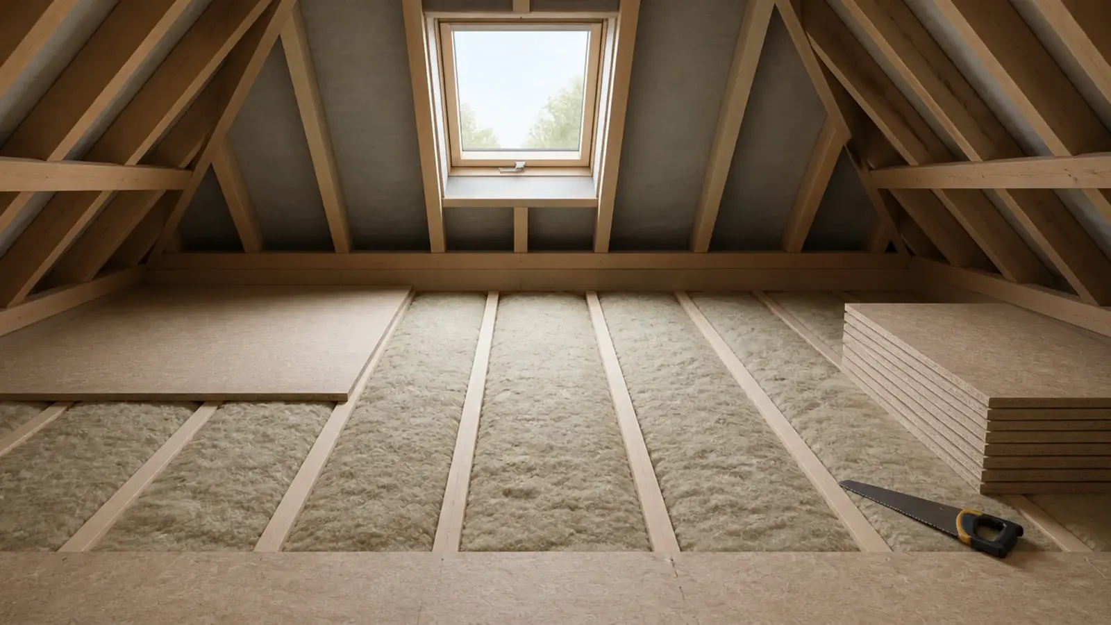 acoustic insulation laid between loft joists before floorboards go down