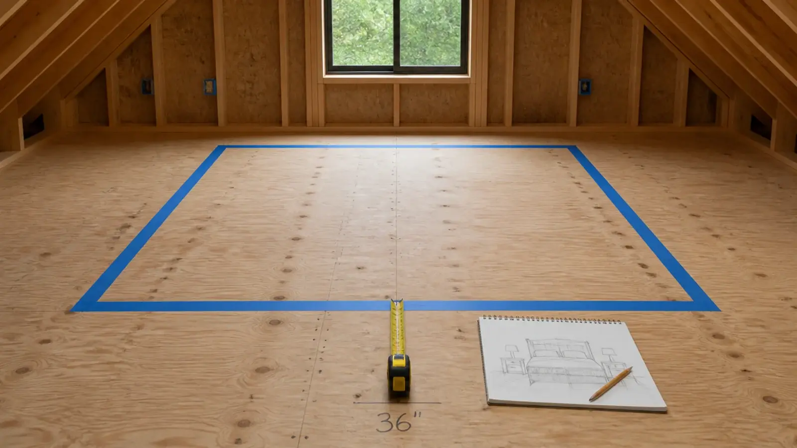 masking tape outline of a bed marked on a bare loft subfloor