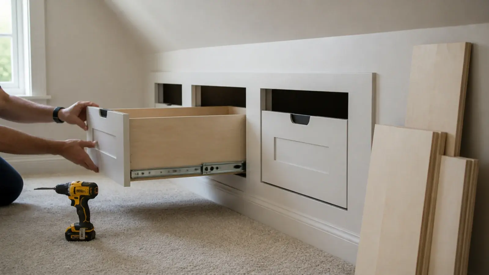 eaves drawer boxes being fitted into a finished loft knee wall