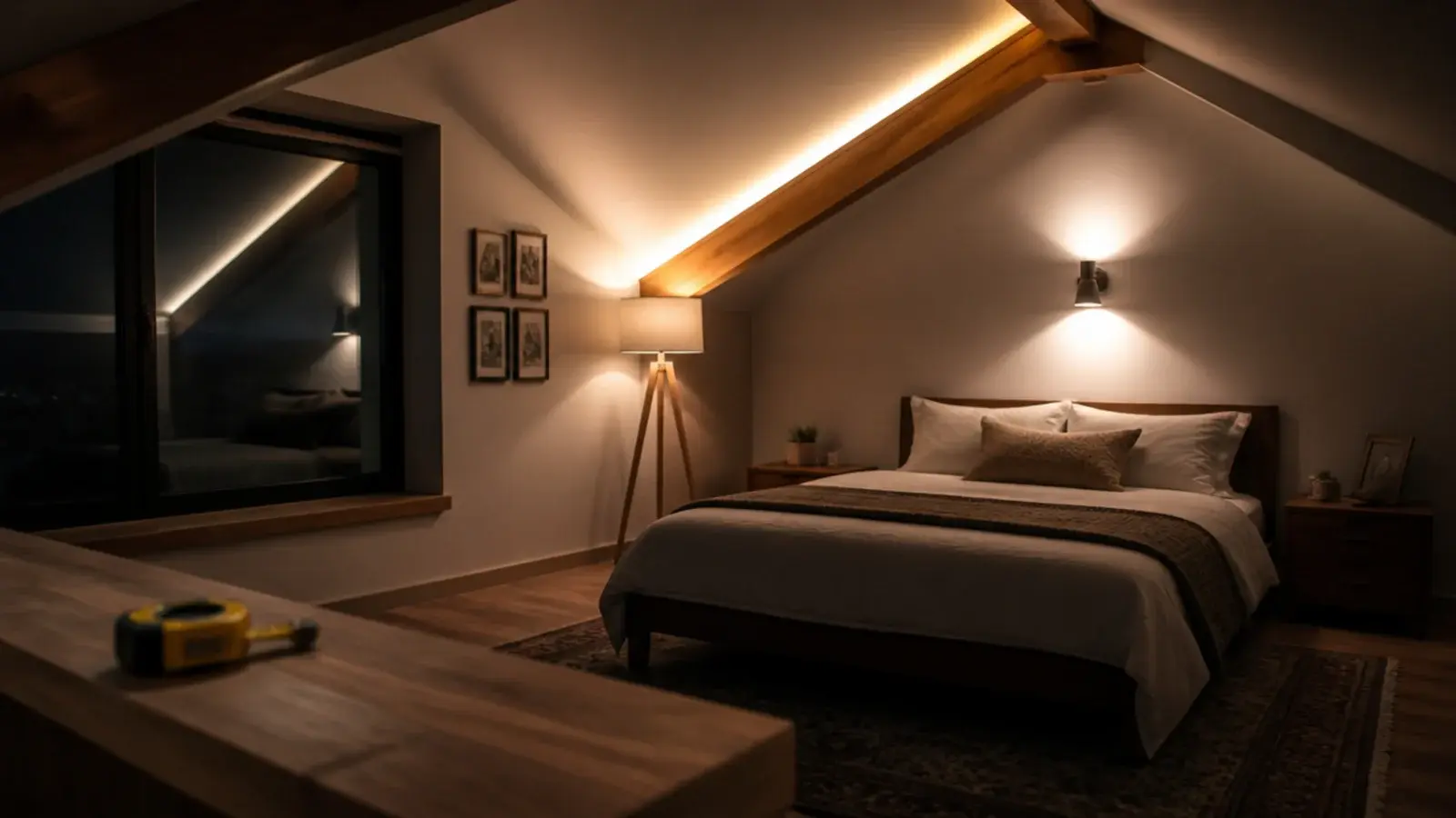 finished loft bedroom lit by three warm sources at different heights