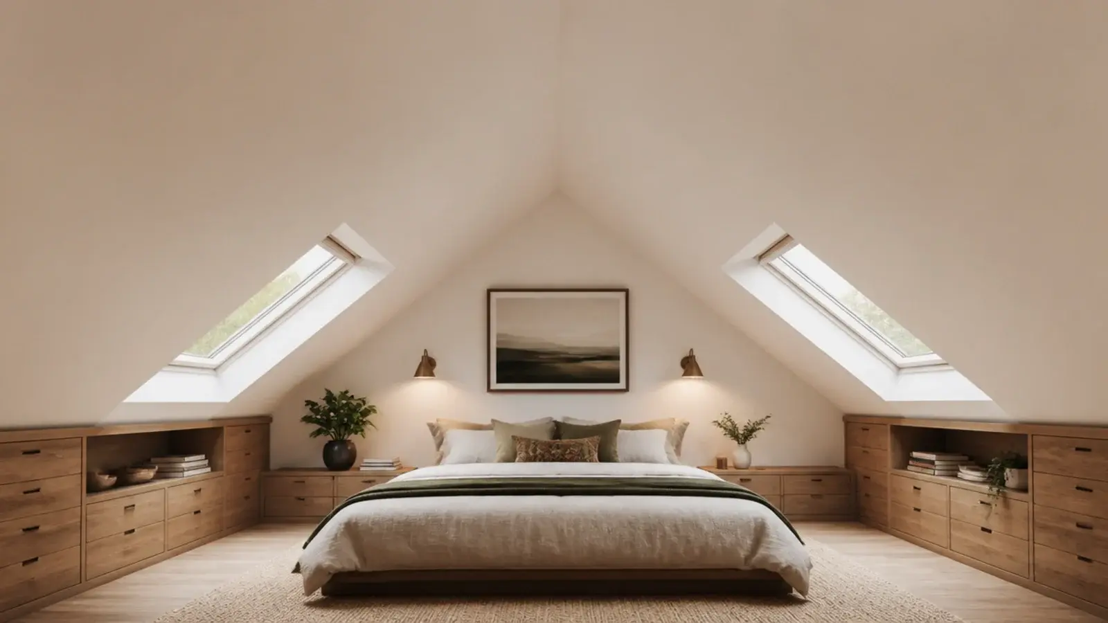 vertical view of a planned loft bedroom with knee wall and roof windows
