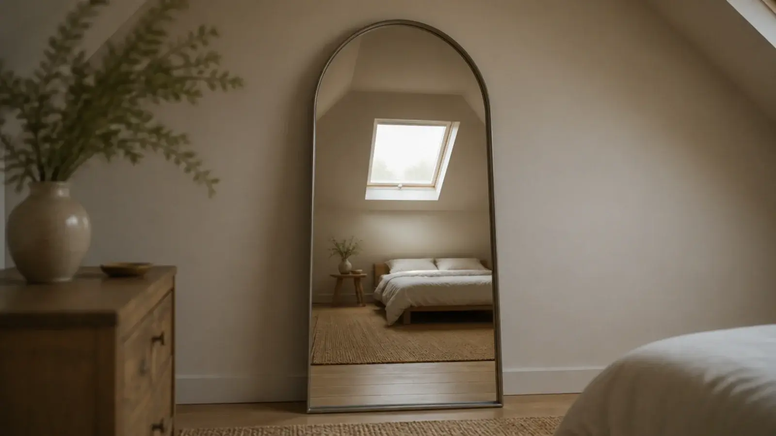 tall leaning mirror against an attic gable wall reflecting the tall strip